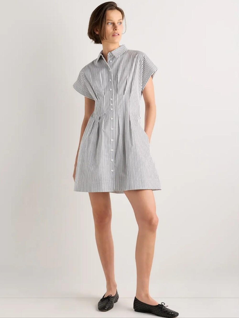 Quince Women's Stretch Twill Pleated Mini Shirt Dress, Black